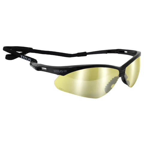 Premium Mirror Safety Glasses With Ansi Z87 Plus Rating And UV400 Lenses Built For Serious Shooters And Hunters Who Want Reliable Eye Gear That Truly Hits Different On The Range Or In The Field, featuring a sleek black frame and yellow mirror lenses.