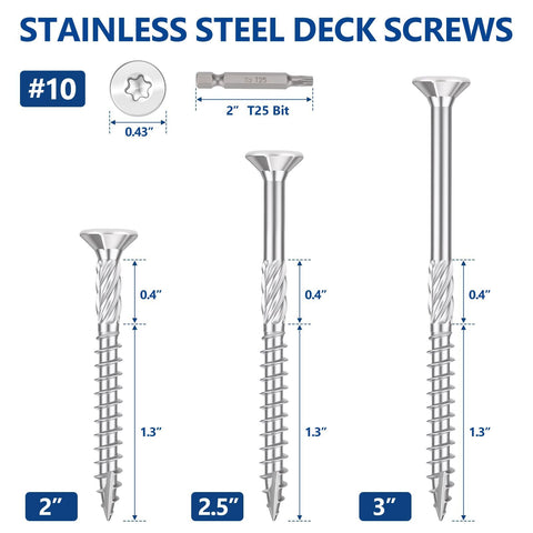 Top Shelf 10X2 Inch Stainless Steel Deck Screws 70 Piece Bucket Rust Proof Wood Fasteners With Sure Grip T25 Star Bits details with sizes.