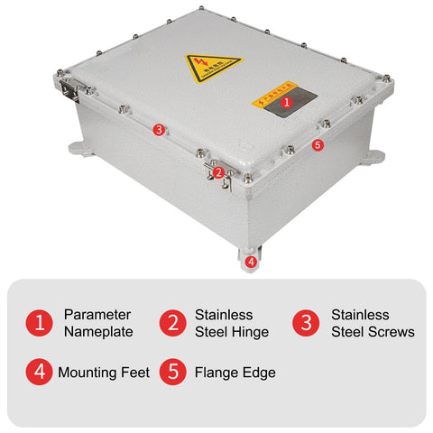 Detailed view of outdoor explosion proof electrical box IP66 showing nameplate, stainless steel hinge, screws, mounting feet, and flange edge.