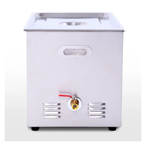 Hualuck Ultrasonic Vinyl Record Cleaner With Heating Feature Stainless Tank, front view showing heating control and drainage valve.