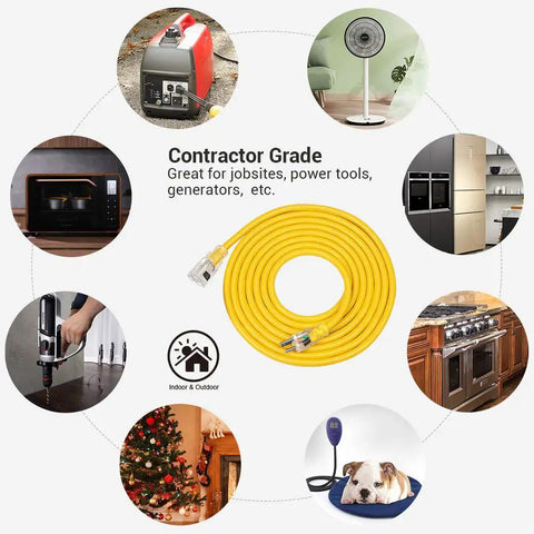 Beefy 15 Ft 12/3 Extension Cord With LED Lighted End For Indoor Outdoor Use SJTW 15A 125V 1875W Yellow Jacket in various settings