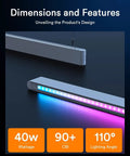 40W RGB lighting strip with 110° angle and 90+ CRI, shown glowing in blue and purple hues.