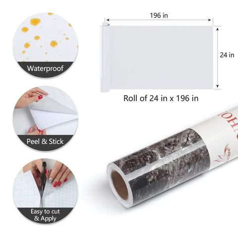 Black Brown Marble Peel And Stick Contact Paper For Kitchen Counters And Furniture Self Adhesive Vinyl Wrap Waterproof 24x200 Inch Roll No Mess Easy DIY Countertop Makeover For Cabinets Desks And More showing features like waterproof, peel & stick, easy to cut & apply with roll dimensions.