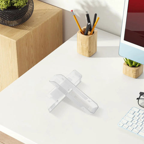 Top Shelf Under Desk Laptop Mount Clear Acrylic Wall Bracket For Universal Tablets And Keyboards Adjustable Mount on a desk.