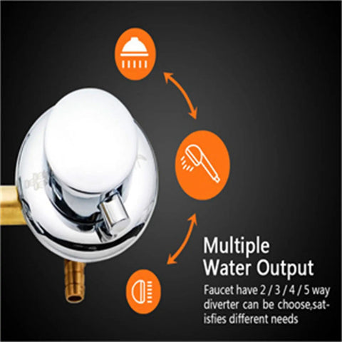 Multi Way Brass Shower Mixing Valve With Ceramic Cartridge Cold And Hot Water Diverter For Tub And Overhead Sprayer Bathroom Plumbing Fixture showcasing multiple water output options.