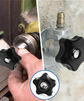 Top Shelf Star Knobs 5/16-18 Female Thread Thumb Screws With Kickass Grip Heavy Duty clamping nuts in use on a drill and valve.