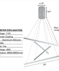 Diagram of Modern LED Linear Pendant Chandelier With Dimmable Four Lights, Adjustable Wire Design, Cool White 6000K Hanging Lighting