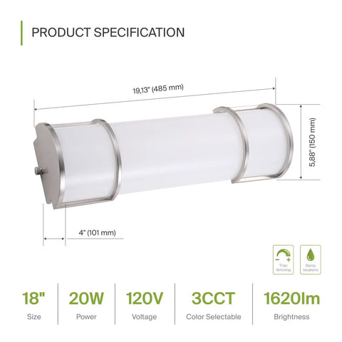 Brighten Your Bathroom With This 18 Inch LED Vanity Light Bar Featuring 3 CCT Dimmable Lighting, Energy Star ETL Listed, 20W 1650 Lumens, 3000 5000K, 120V, Long Tube Wall Sconce Over Mirror In Nickel Finish, dimensions in inches and millimeters displayed