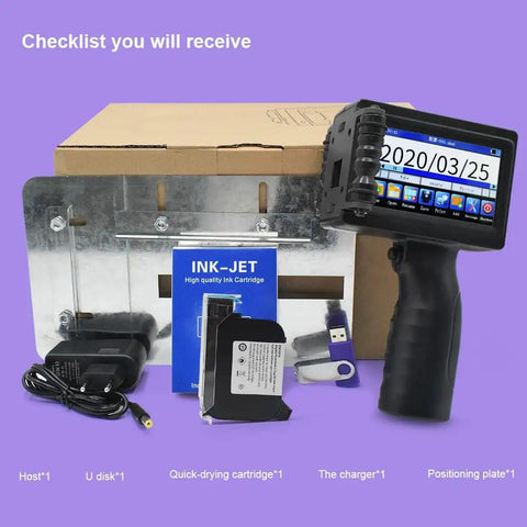 Straight Up Portable Handheld Inkjet Printer With Quick Drying Ink And Smooth Touchscreen For Dead On Date Label Printing components and packaging.