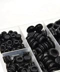 170-Piece Rubber Grommets Kit With Divided Organizer For Auto, Plumbing and PC Builds showing assorted grommets in organizer.