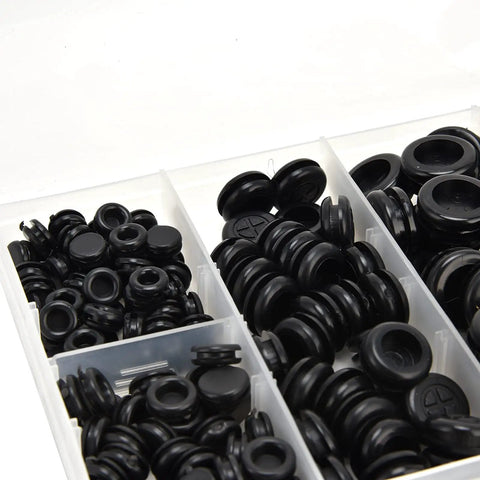 170-Piece Rubber Grommets Kit With Divided Organizer For Auto, Plumbing and PC Builds showing assorted grommets in organizer.