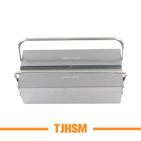 Tough As Nails Two Tier Stainless Steel Toolbox With Three Folding Trays And Rugged Carry Handle 18 Inch top view of compact tool storage.