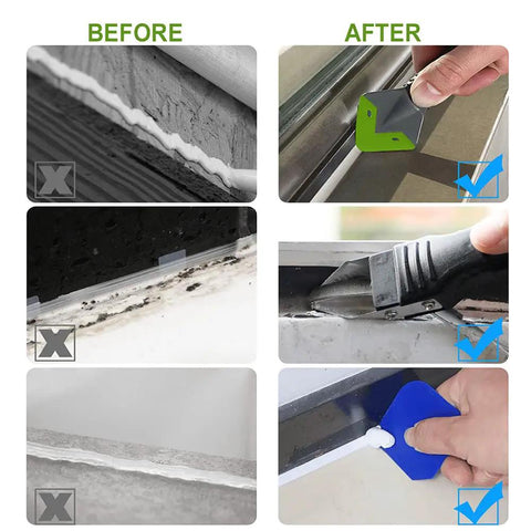 Before and after use of Five In One Caulk Remover Tool With Stainless Head For Silicone Sealant Removal And Grout Scraping
