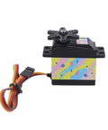 Heavy Duty 35KG Digital RC Servo Motor With Slick Metal Gear Steering positioned sideways with wires, designed for 1 10 and 1 12 scale vehicles.