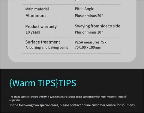 Product specifications for the dual monitor stand in aluminum: pitch angle, warranty, and VESA measurements.