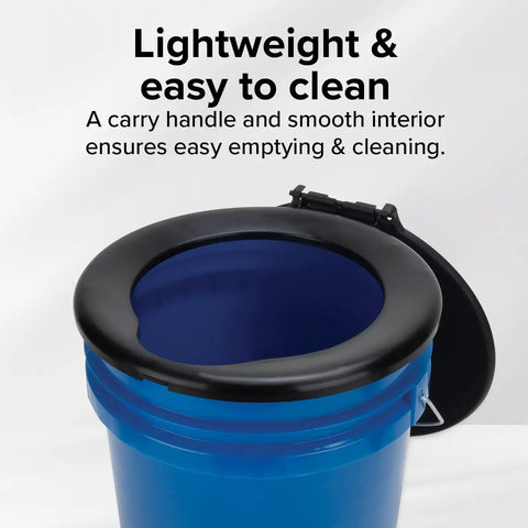 Rock Solid Five Gallon Portable Toilet Bucket With Snap On Seat And Lid Campout Ready For Hunting Or RV Travel Delivers Slick Wipe Down Cleaning And Snug Secure Fit Every Time. Close-up of the lightweight blue bucket with black snap-on lid and smooth interior.