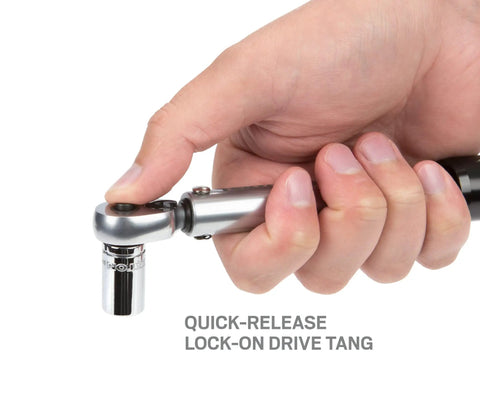 One Quarter Inch Drive Dual Direction Click Torque Wrench Ten To One Hundred Fifty Inch Pounds Range Includes Zipper Case And Manual Pro Grade Build With Smooth Click For Precise Fastener Tightening In Automotive And Machinery Maintenance quick-release lock-on drive tang in hand.