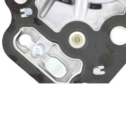 Brake vacuum pump mounting plate, black with silver metal bracket and gold mesh insert.