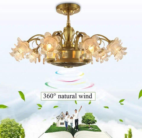 Vintage Retro Ceiling Fan With Crystal Light Fixture And Remote Control For Living Room Dining Bedroom with golden finish and floral light shades.