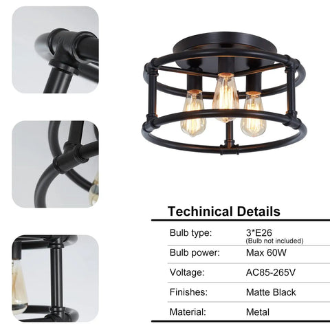 Dope Black Farmhouse 3 Light Ceiling Light Fixture Semi Flush Mount For Kitchen Island Bedroom Living Room Entryway Metal