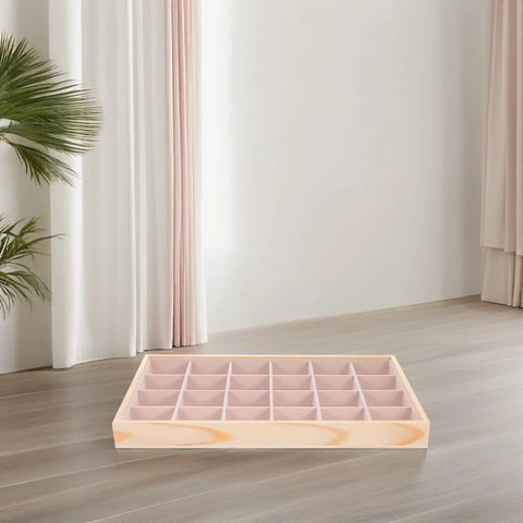 Straight Up Premium Pine Wood Jewelry Tray With 24 Compartments And Plush Velvet Lining To Store Your Bling on a smooth countertop.