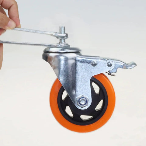 Heavy Duty Four Inch Orange Stem Caster Wheels M10 Thread Dual Locking Swivel assembly with orange PVC tire and metal components.