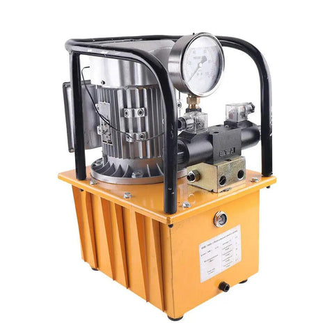 Heavy Duty 750W Electric Hydraulic Pump 110V Double Acting Solenoid Valve 10000 Psi With 7L Oil Reservoir side view with pressure gauge.