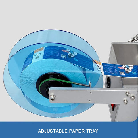 Dead Simple Desktop Semi Automatic Labeling Machine With Built In Coding Printer For Round Bottles Up To 120 Millimeters showing adjustable paper tray.