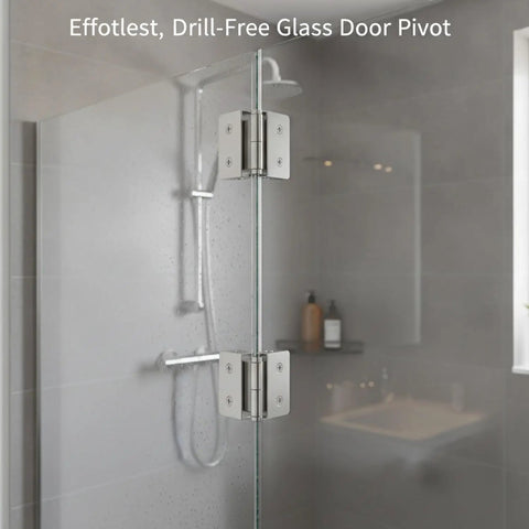 Stainless Steel Clamp On Glass Door Hinges For Shower Enclosures And Cabinets, no drill pivot, frameless panel installation in bathroom