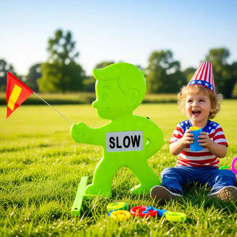 Kid Alert Street Safety Sign 31 Inch Green Caution Sign For Neighborhoods And Schools placed on grass with child nearby.