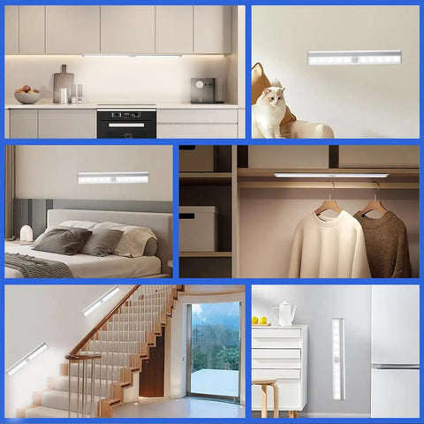 6 Pack LED Motion Sensor Closet Lights With 10 LED Battery Operated Stick On Magnetic Night Light Bar illuminating various indoor spaces.