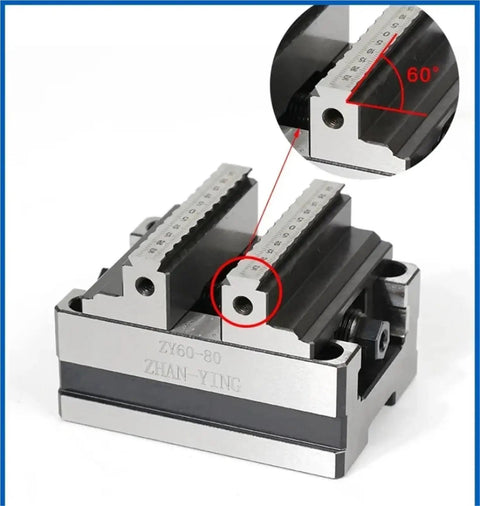 Shop Floor Tough Self Centering Cnc Bench Vise With Slick Four Turn Lever And Zero Play Point Three Mm Jaw Registration For Lockdown Accuracy And Heavy Duty Milling Operations detail with angle and ruler measurement.