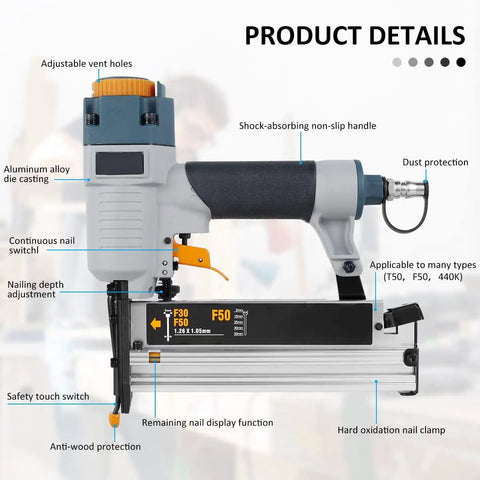 Straight Shooting Pro Level Heavy Duty Pneumatic Air Nailer For Carpentry And Fences With Adjustable Depth Control And Ergonomic Handle Accepts T50 F50 440K Fasteners showcasing adjustable depth and non-slip handle.