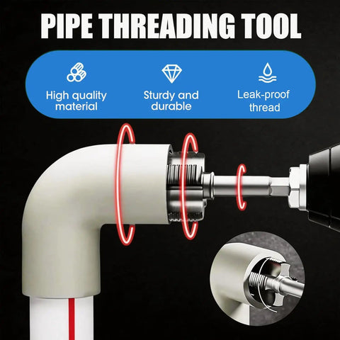 Two Piece Internal And External Pipe Thread Cutting Tool For Plastic PVC Pipes One Half Inch To Three Quarter Inch Fits Electric Drill For Easy Home Repair And Fast DIY Pipe Work shown threading PVC pipe with drill