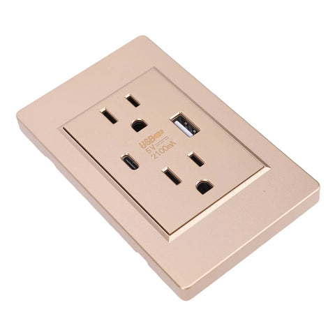 Beast Mode Wall Outlet With USB-C And USB Ports, 15 Amp Receptacle in gold with two USB ports for home office use.