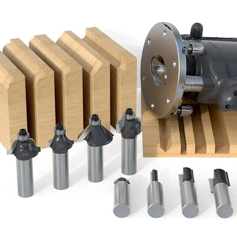 Pro Grade Tungsten Carbide Router Bits Set With One Half Inch Shank, 12 Piece Multi-Functional Woodworking Kit displayed in case