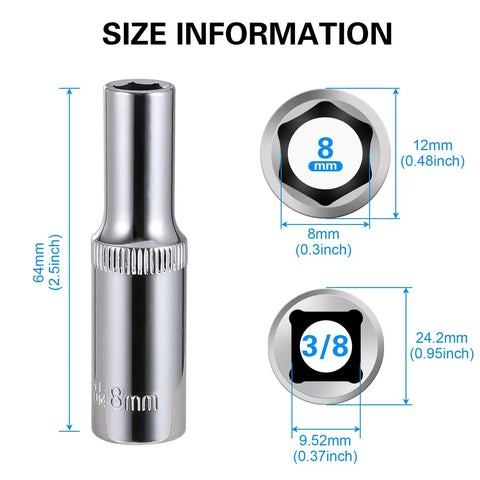 8mm Deep Socket Set 3/8 Inch Drive 6 Point With Radius Corner Design, dimensions 64mm length, chrome vanadium material.