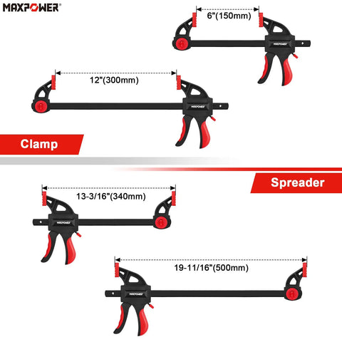 Heavy Duty Woodworking Bar Clamp Set, 12 Inch Two Pack And 6 Inch Two Pack showcasing clamp sizes and quick release features