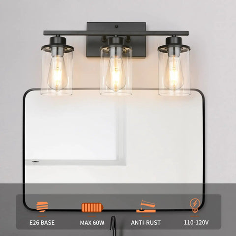 Slick Black 3 Light Vanity Light Fixtures Over Mirror With Clear Glass Shades, modern industrial farmhouse wall lamp