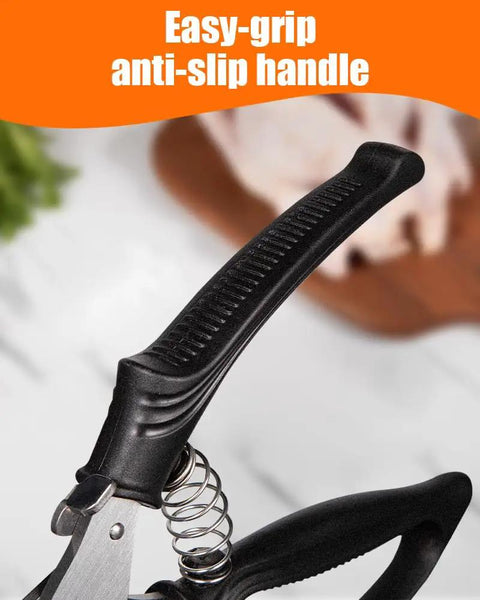 Close-up of easy-grip anti-slip handle of Super Tough Kitchen Shears that make light work of cutting whole chickens, turkeys, and fish bones.