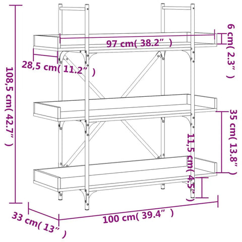 Diagram of Three Tier Industrial Bookshelf With Adjustable Shelves Sturdy Metal Frame And Engineered Wood Construction Black 42.7 Inch Tall