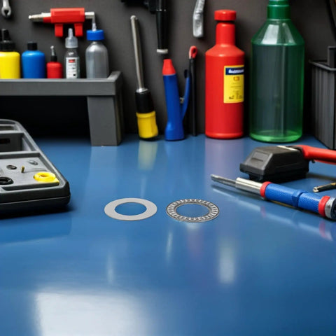Two Pack Thrust Needle Roller Bearings With Washers, Steel Industrial Roller Parts For Automotive Auto Shop Gear, Automation Equipment, Fluid Transfer Devices, And Machine Tools With Precise Bore And Outer Diameter Fit, shown with washers