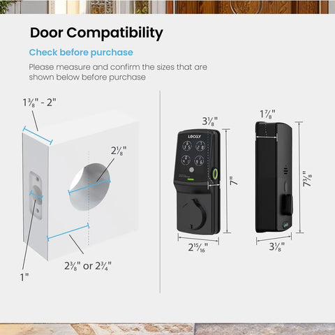 Dimensions and compatibility diagram for Badass Smart Deadbolt With Integrated Wifi Hub Featuring Quick Biometric Scanner And Rolling Digit Keypad.