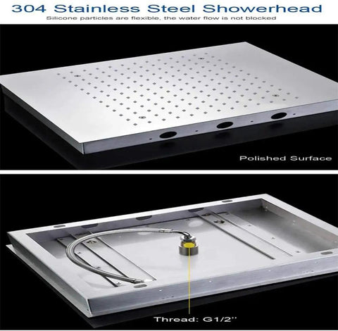 Premium Rock Solid Thermostatic Shower System With Extra Wide Ceiling Rain Head And Corrosion Resistant Brass Mixing Valve For Zero Hassle Bathroom Upgrades - 304 stainless steel showerhead with polished surface.