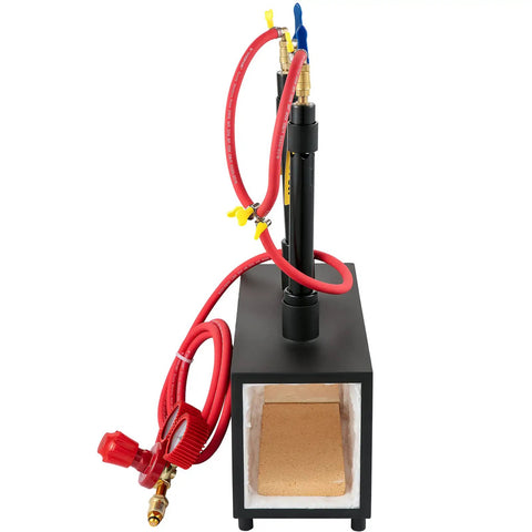 Farrier Forge Furnace With Dual Burners Large Capacity Portable Propane Knife Forge, black iron body, red hoses visible