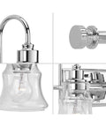 Detailed view of Litchfield Two Light Chrome Bath Vanity Light Fixture for modern coastal bathrooms with glass and chrome accents.