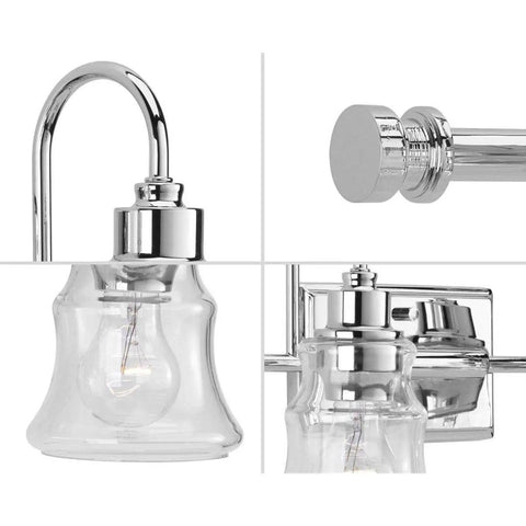 Detailed view of Litchfield Two Light Chrome Bath Vanity Light Fixture for modern coastal bathrooms with glass and chrome accents.
