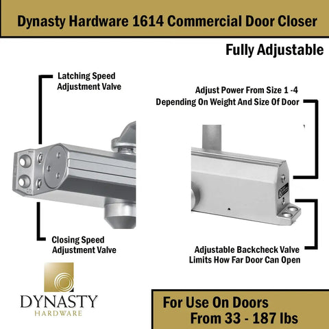 Grade 1 Heavy Duty Commercial Door Closer With Adjustable Spring Size 1-4, Self Closing, ADA Compliant, Aluminum Finish