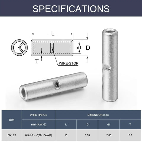 Non Insulated Butt Connectors BN1.25 Kit, 120 Pieces For 16 To 22 AWG Wire, Copper 0.8mm Thickness specifications and dimensions