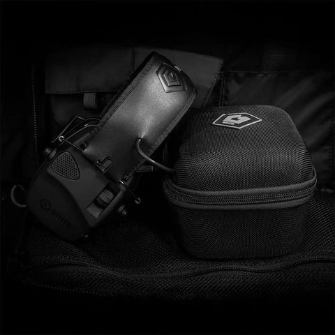 Electronic Hearing Protection Earmuffs NRR 22 DB Rating 5X Sound Amplification Shooting Range in a compact case.